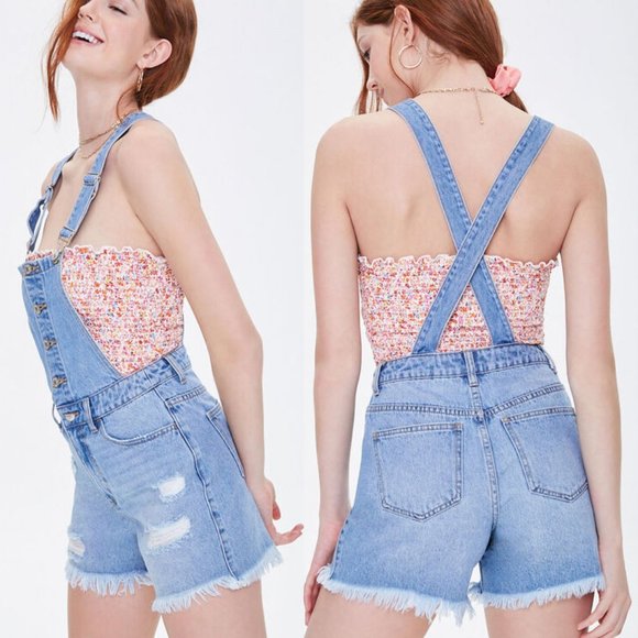 NEW High Waist Distressed Denim Overalls Shorts - Picture 3 of 10